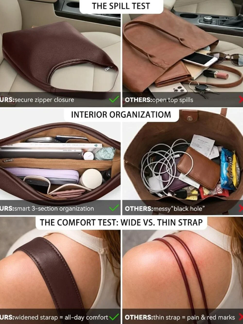 Spacious Vegan Leather Hobo Bag, Soft Shoulder Tote with Zipper & Pockets, Fits
